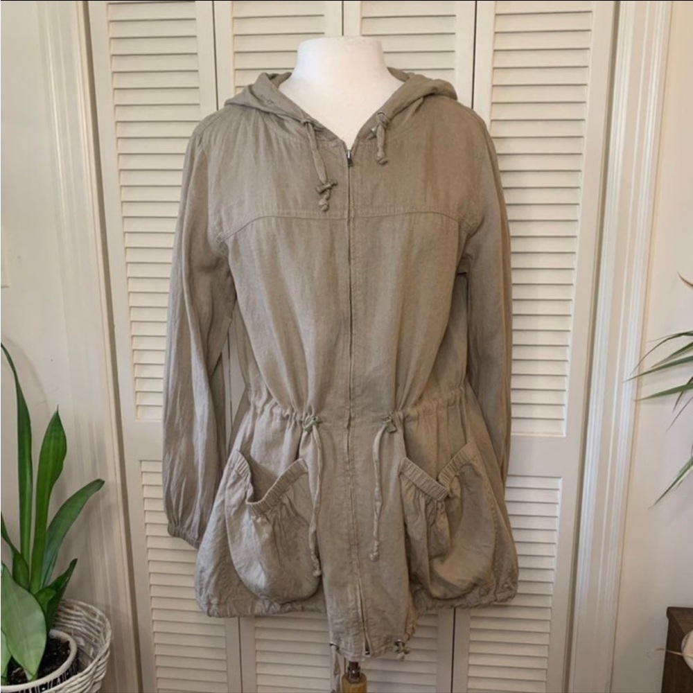 Eileen Fisher 100% Irish Linen Hooded Jacket with Pockets and Drawstrings EUC